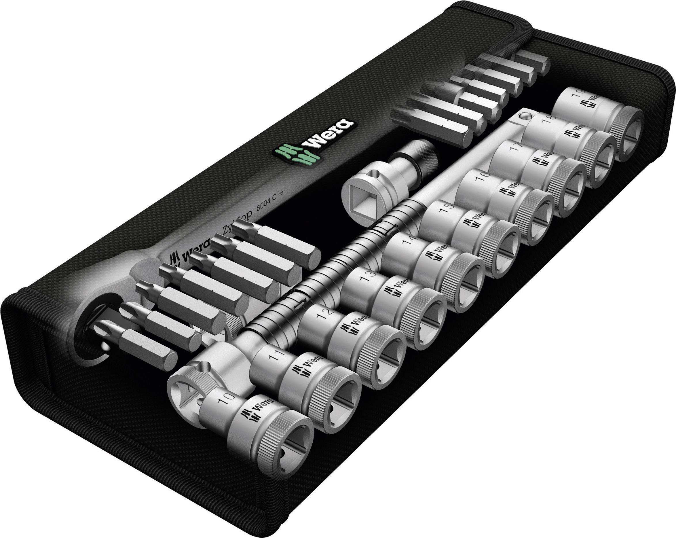 'Set of socket wrenches and bits in a toolbox, including various sizes and shapes.'