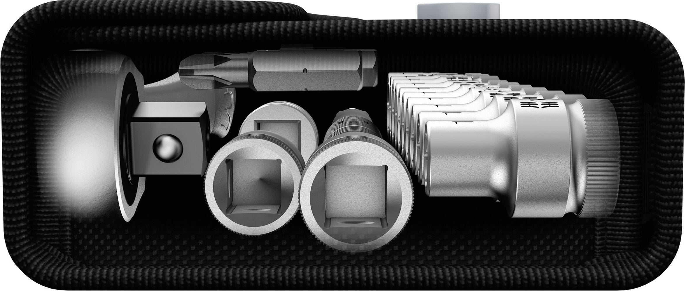 'Set of spanners and sockets in a bag, various sizes and shapes, organised in a black case.'