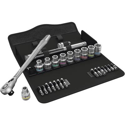 A tool case containing a silver torque wrench and several socket attachments, colour-coded and organised in a case.