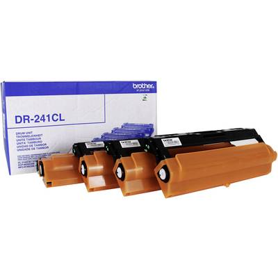 Three orange-coloured toner cartridges from the Brother brand are positioned in front of a blue packaging with the label 'DR-241CL'.