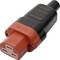 A red and black electrical plug with a robust design. Suitable for industrial applications.