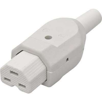 A white straight device plug, commonly used for electrical appliances, shows two openings for pins.