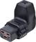 Black, angled electrical plug with a three-pin connection at the front, suitable for specialised devices or applications.