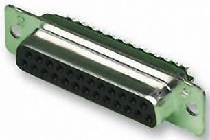A DB-25 plug in close-up, used for serial data connections, with 25 pins in two rows of 13 and 12 pin holes.