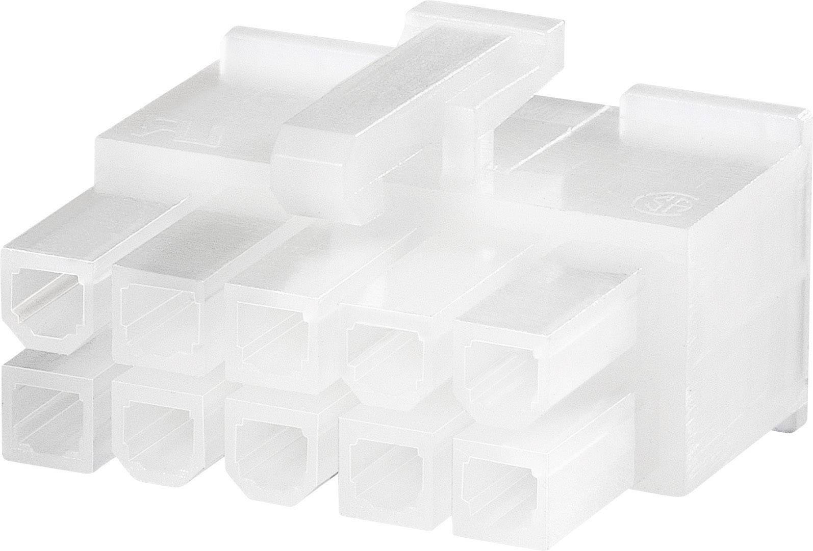 'A white, ten-pin electrical connector made of plastic with rectangular terminals.'