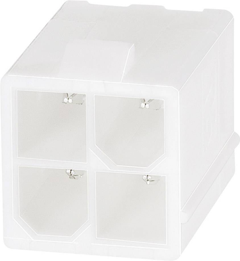 White connector with four square terminals, suitable for electrical connections.