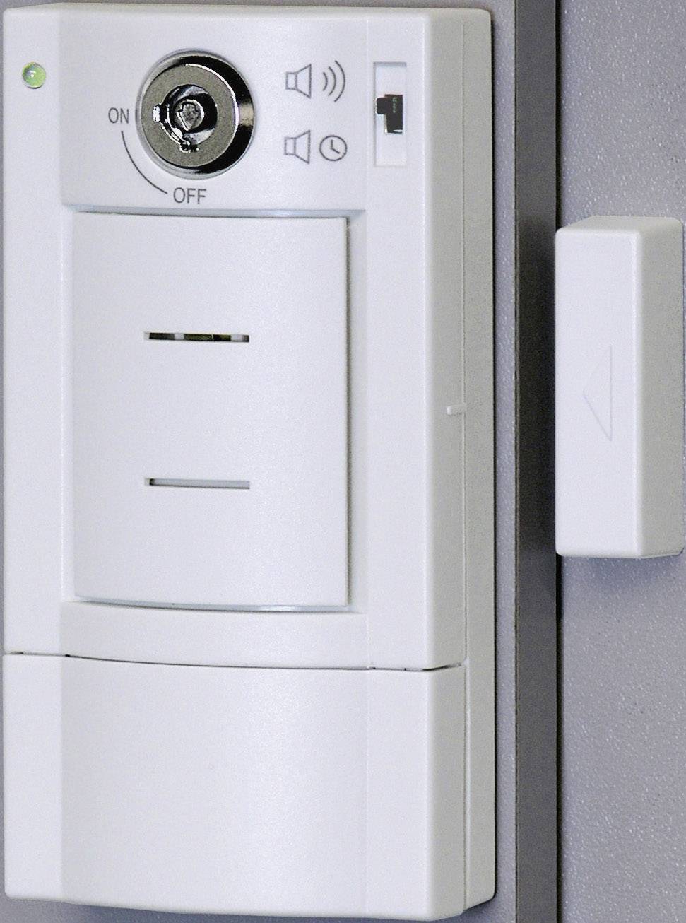 An electronic door lock with a keyhole, LED display and control buttons, mounted sideways on a grey door.