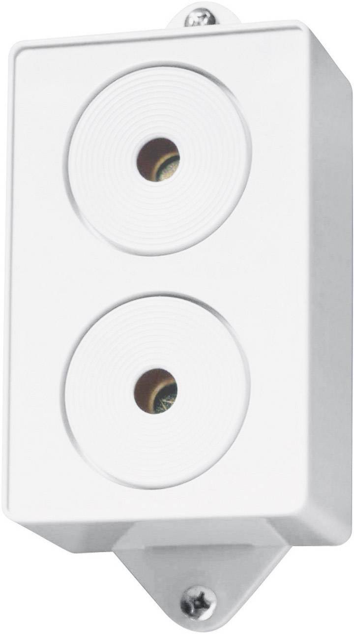 A white casing with two round openings arranged vertically, likely a technical device designed for fixed installation.