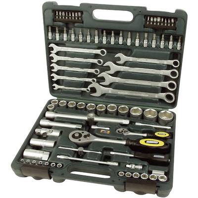 An open toolbox with various spanners, sockets and screwdrivers, neatly arranged.