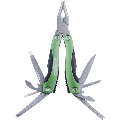 A green multi-tool with foldout tools such as pliers, knife, saw, file and screwdriver, opened and ready for use.