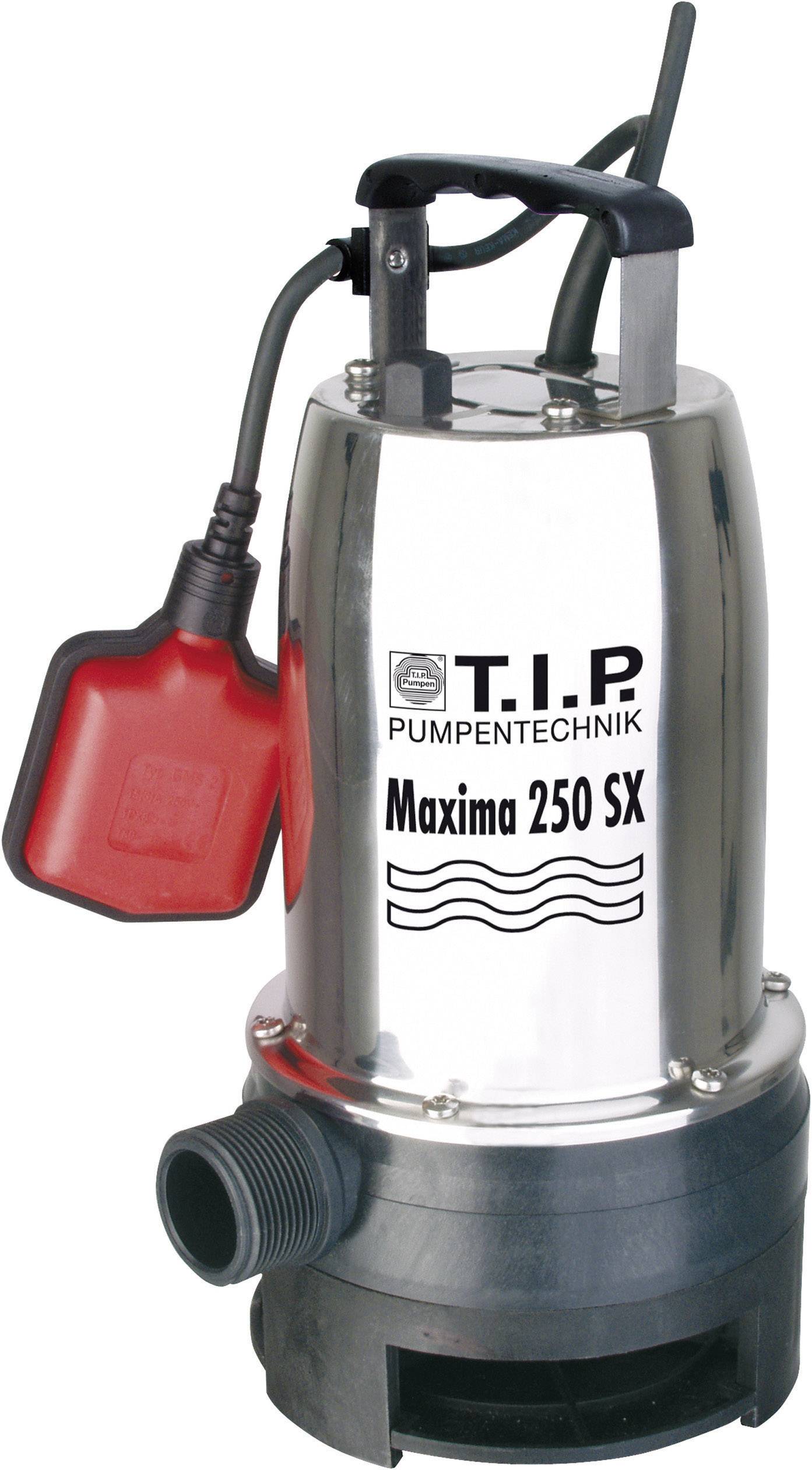 Stainless steel submersible pump with black hose connection and red float switch. Labelled: 'T.I.P. Maxima 250 SX'.