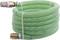 Green spiral hose with metal fittings, coiled, ready for use in garden or irrigation systems.