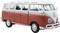 A red and white vintage Volkswagen camper van with open windows, photographed from the side.