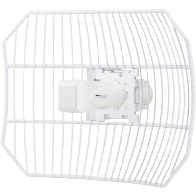 White parabolic antenna with lattice design. It is used for signal amplification and data transmission in wireless networks.