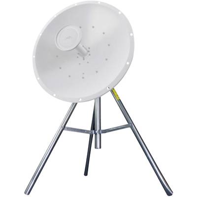 A large white satellite dish mounted on a three-legged metal stand, designed to enhance the reception of radio signals.
