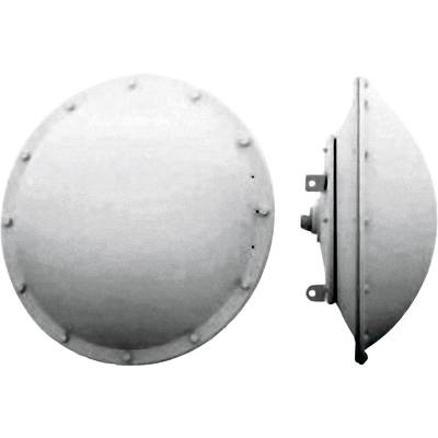 Two views of a round metal cover, front and side. Front view shows smooth surface, side view reveals depth and mounting elements.