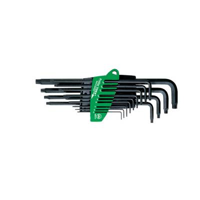 A set of black allen keys in various sizes, organised on a green holder.