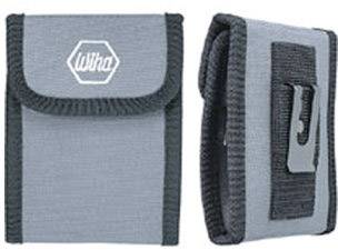 A grey, rectangular bag with a black border. A brand logo is printed on the front, with a metal clip on the side.