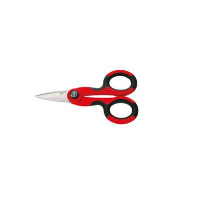 Red and black scissors with plastic handles and short, pointed blades, suitable for precision cutting work.