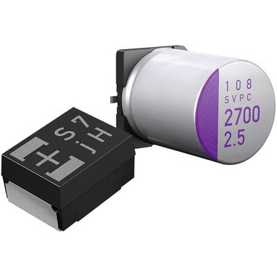 'Two capacitors: One black with labelling, the other silver with purple marking and values: 108 SVPC, 2700, 2.5.'