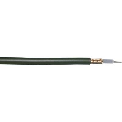 A coaxial cable with black insulation, copper braided shielding, and an inner conductor; typical configuration for signal transmission.