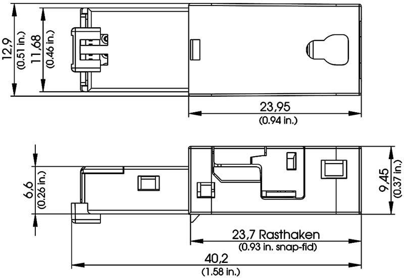 Technical drawing of an electrical connector with dimensions: Length 40.2 mm, Width 12.9 mm, Height 9.45 mm. Details of plug mechanisms and locking clips.