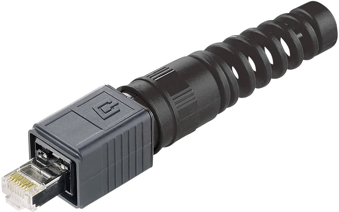 A RJ45 plug with a black strain relief boot, used for Ethernet cable connections.