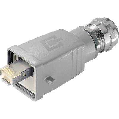 A grey RJ45 plug with housing and screw lock, commonly used for industrial networks, lies on a white background.