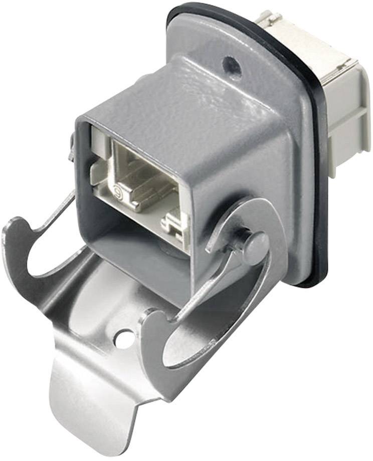 A rectangular, grey connector with metallic clips on the sides. Ideal for electronic cable connections.