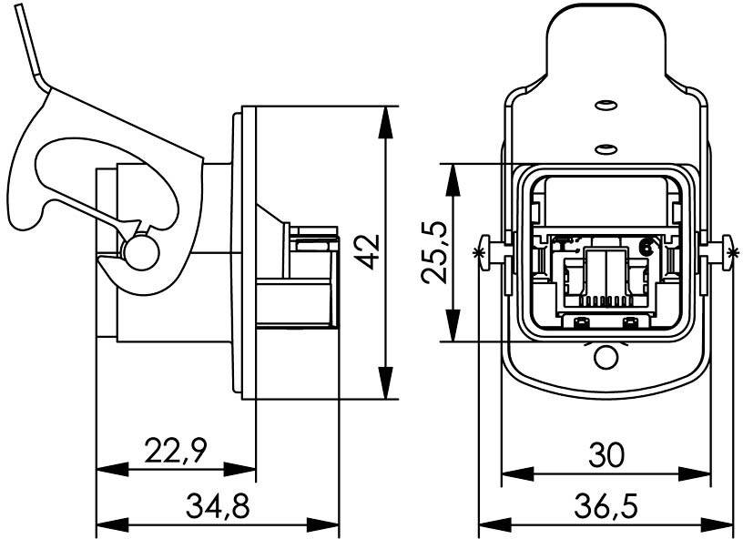 Technical drawing of a plug: Left side view with dimensions; right top view showing internal mechanism and additional measurements.