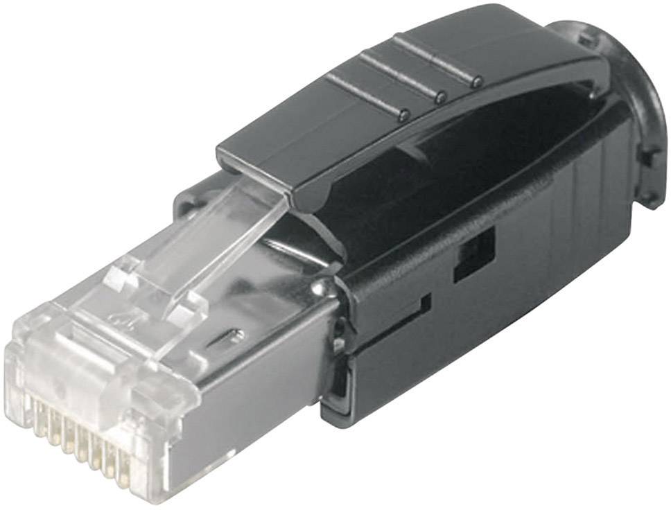 Black and transparent RJ45 plug with integrated strain relief, suitable for connecting to network cables for LAN connections.