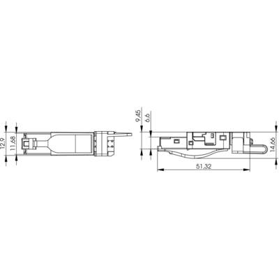 Technical drawing of a small connector. Dimensions: Length 51.32 mm, Width 12.68 mm, Height 9.45 mm and 6.6 mm.