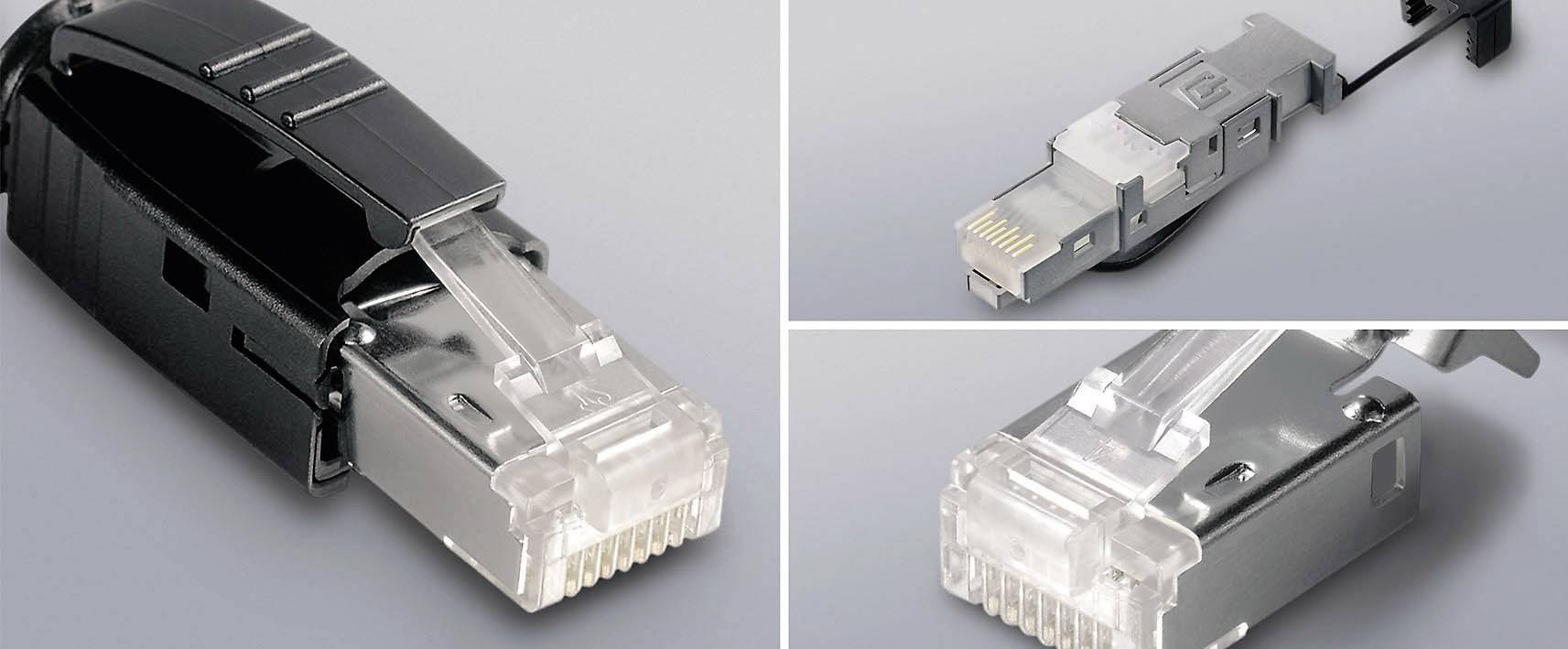 Two photographs of network plugs: on the left a black plug viewed from the side, on the right close-up views of a transparent plug from top and bottom.