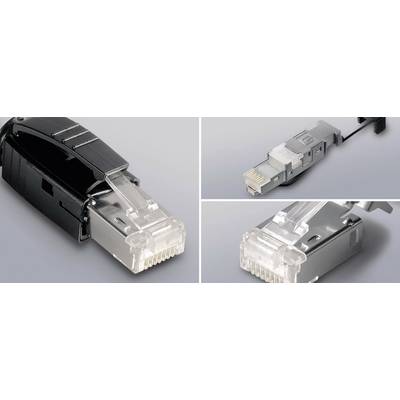 Two photographs of network plugs: on the left a black plug viewed from the side, on the right close-up views of a transparent plug from top and bottom.