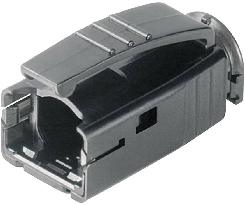 A black plastic plug with a rectangular aperture and rounded edges, for use with cables in electronic devices.