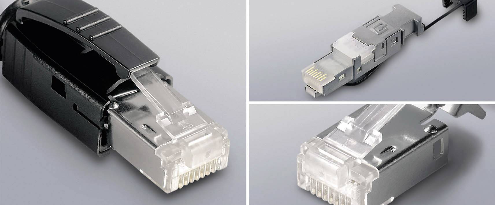 Close-up of three Ethernet connectors from different perspectives on a grey background. Connector heads and cable connections visible.