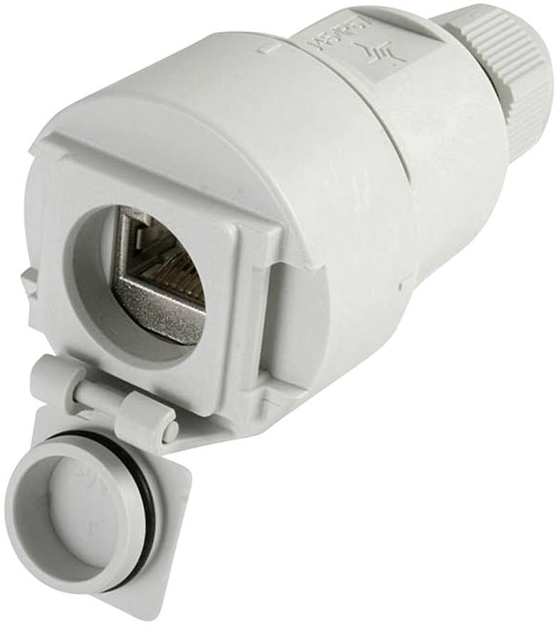 A white Ethernet cable plug with a removable cover.