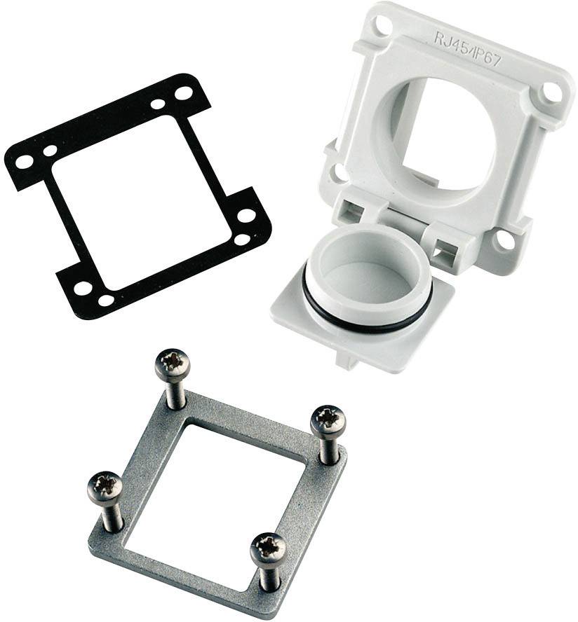 A rectangular, white RJ45 plug with a protective cover and black, rectangular seals along with four silver screws.