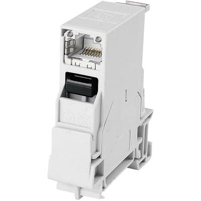 A modular RJ45 network plug for mounting on a DIN rail. It is used for structured cabling in control cabinets.
