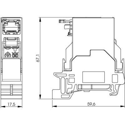 Technical drawing of an electrical component with side and front view. Dimensions: 67.1 mm high, 59.6 mm wide, 17.5 mm deep.