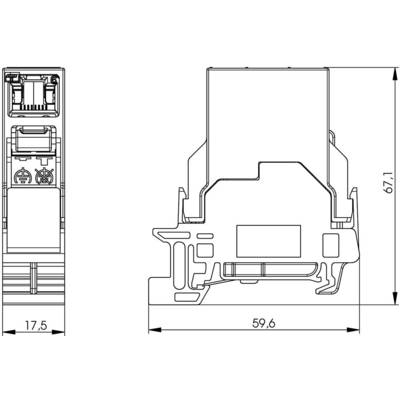 Technical drawing of an electronic component with dimensions: 17.5 mm width, 59.6 mm depth and 67.1 mm height.