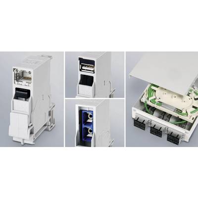 An electrical plug module from multiple perspectives: Front view with connections, opened side reveals internal components.