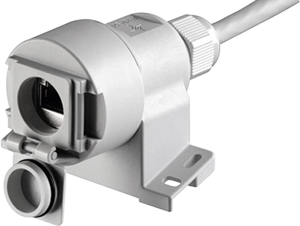 A grey industrial connector with cable, showing the connection side. Suitable for robust and secure electrical connections.