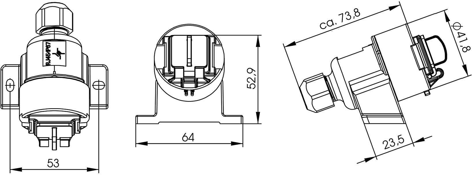 Technical drawing of a cylindrical connector with detailed dimensions and connections, side and front views.