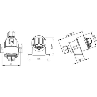 Technical drawing of a cylindrical connector with detailed dimensions and connections, side and front views.