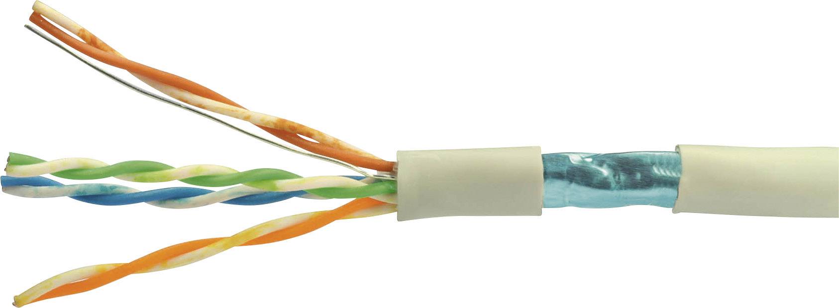 A cut network cable showing the twisted wire pairs in various colours and the shielding.