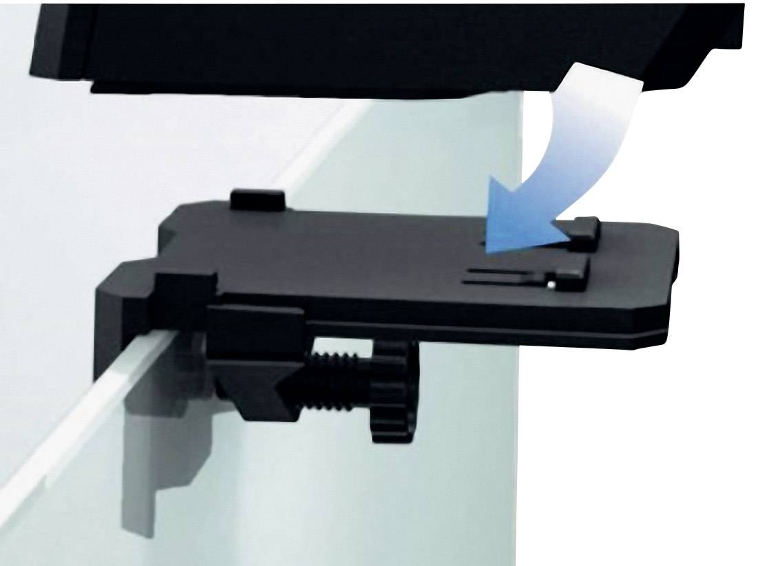 A black mounting mechanism is attached to the edge of a glass plate. A blue arrow points to the mounting bracket.