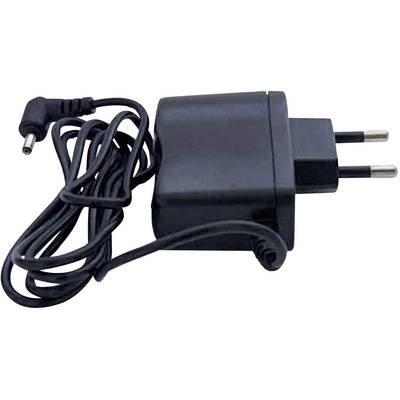 A black charger with a long cable and a European plug, suitable for charging electronic devices.