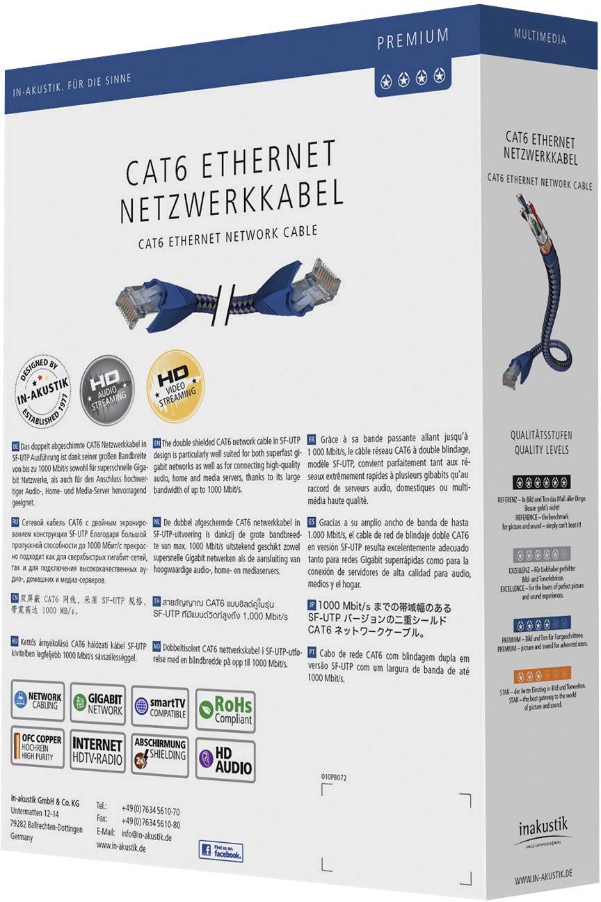 Inakustik 004803005 RJ45 Network cable, patch cable CAT 6 SF/UTP 0.50 m Silver-blue incl. detent 1 pc(s)-4
