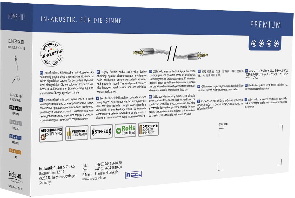 Inakustik 004101005 Jack Audio/phono Cable [1x Jack plug 3.5 mm - 1x Jack plug 3.5 mm] 0.50 m White, Silver gold plated -3